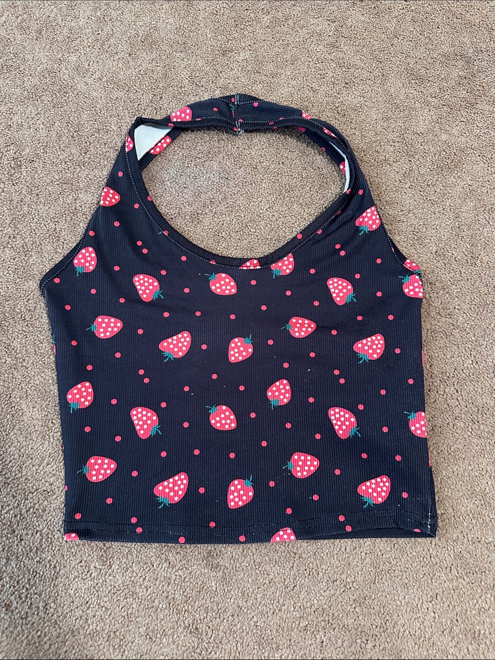 Black Strawberry Print Halter Crop Top